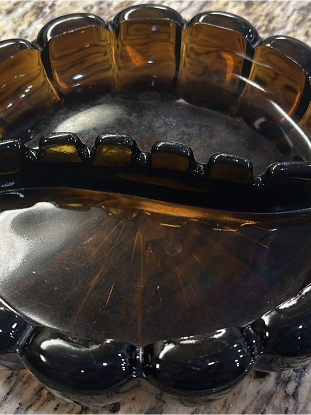 Vintage MCM Viking Art Glass 8.5" Scalloped Flower Divided Ashtray - Amber Brown